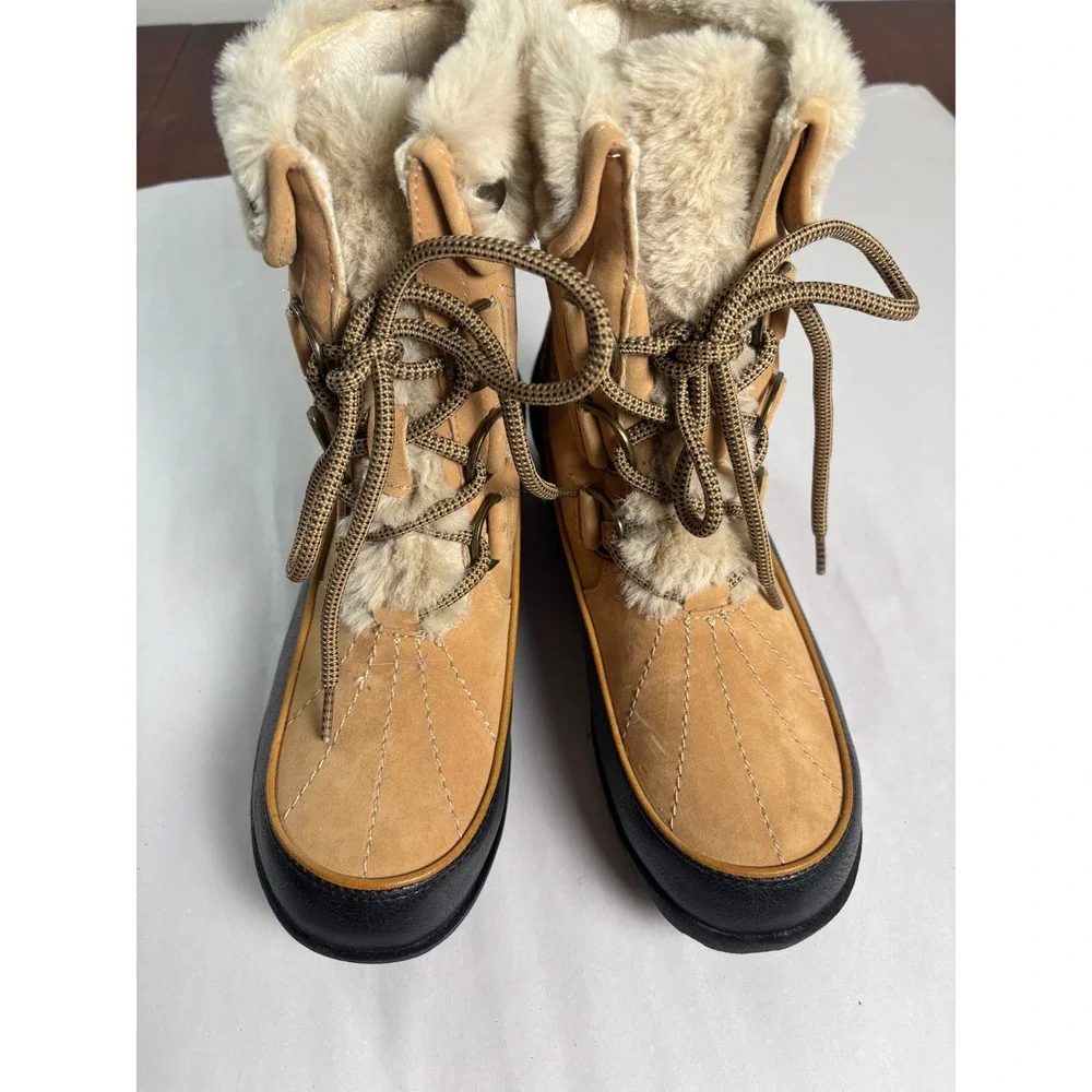 JBU‎ Womens Southgate Winter Duck Boots 7M Tan Black Faux Fur Lined Lace Up
